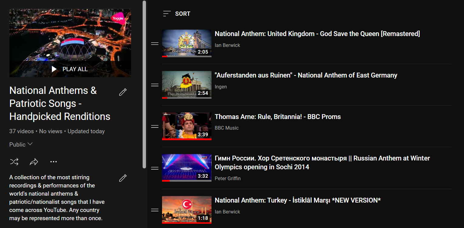 A screenshot of my Anthems playlist on YouTube.